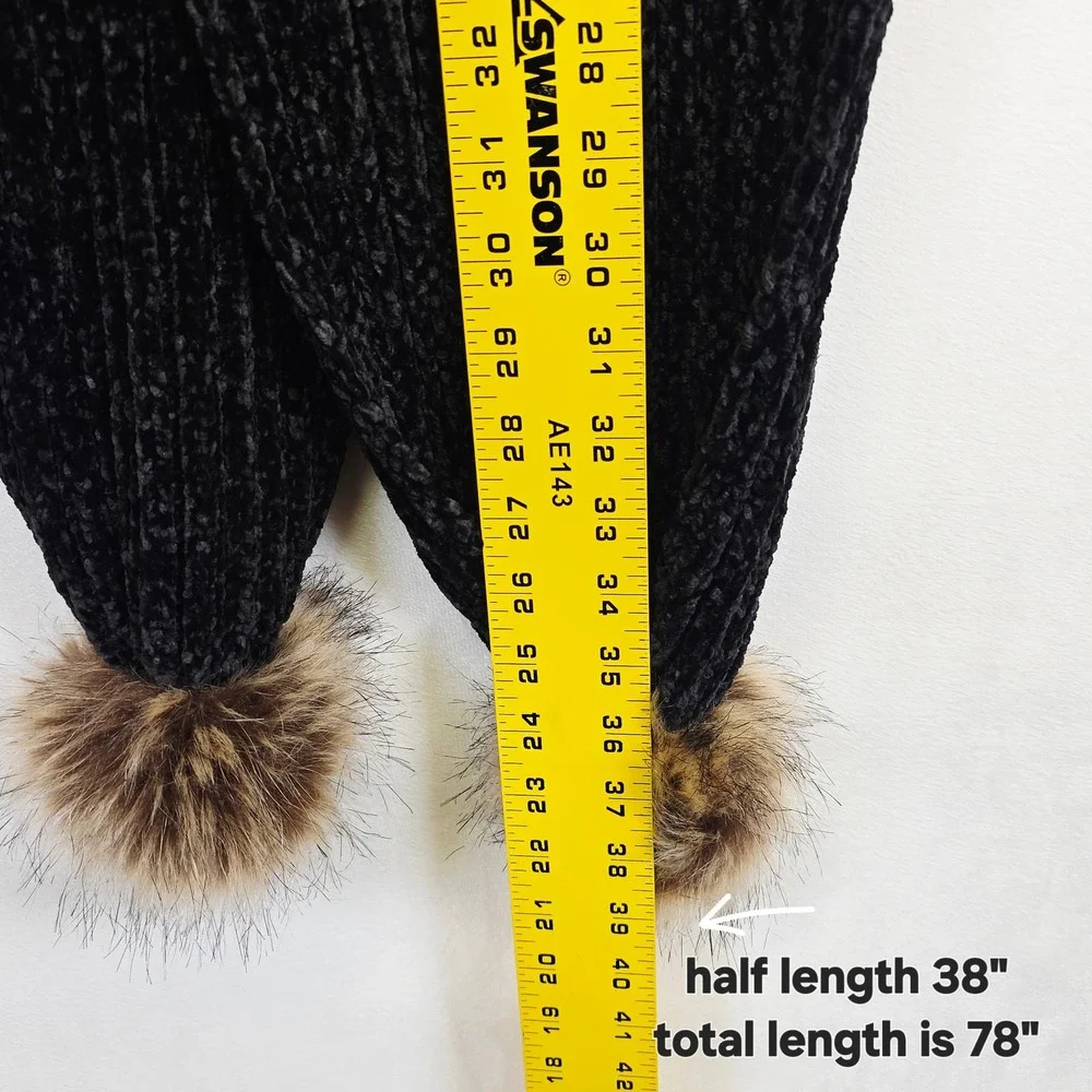 Black Long Chenille Knit Scarf Womens OS Faux Fur Pom Pom‎ Winter Cozy Chic Soft